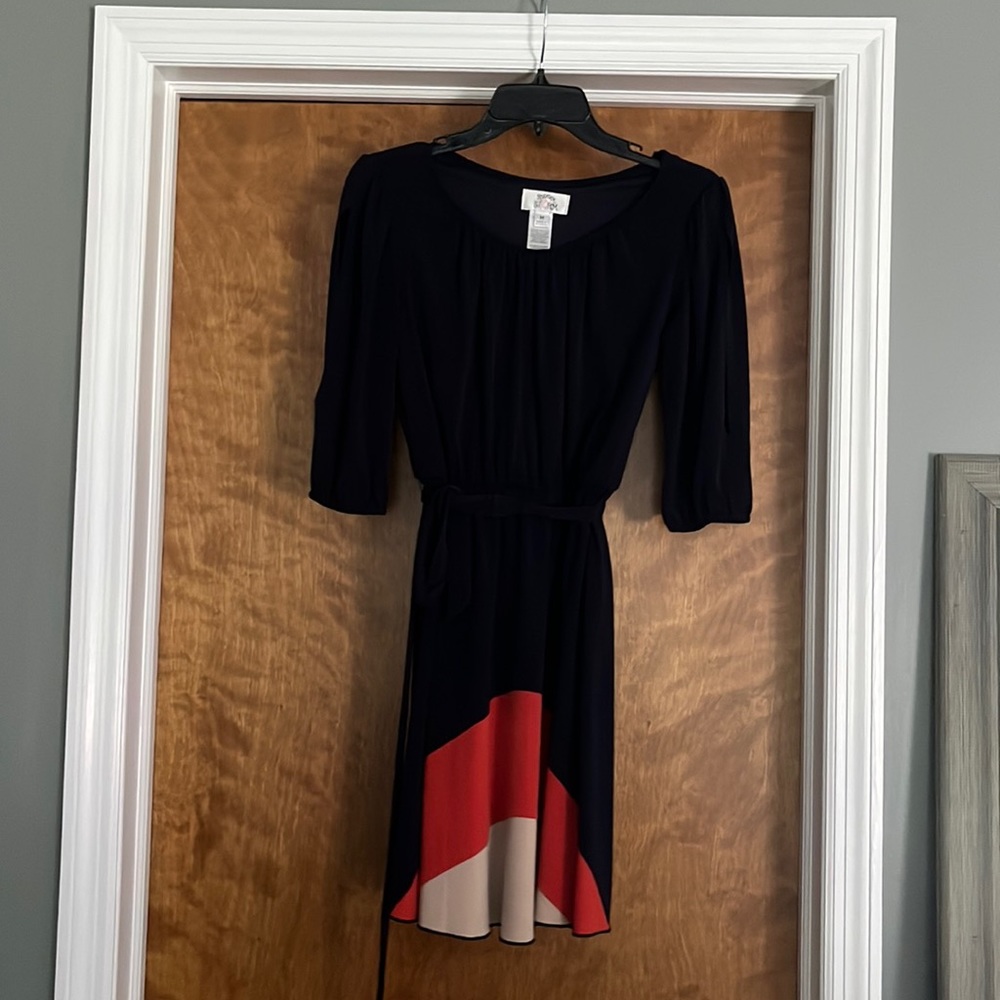 Navy, Sweet Storm, Medium 3/4 length sleeve, knee length dress. Cold shoulder